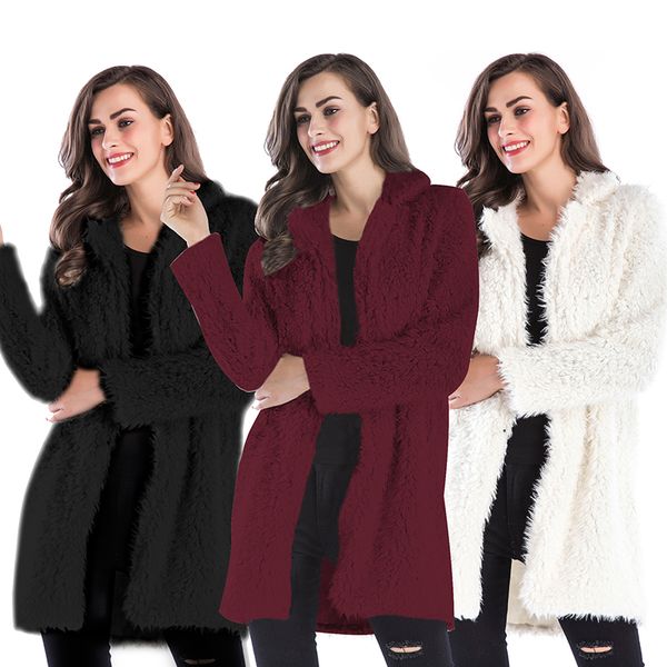 

women's faux fur warm winter outwear jackets with pockets fuzzy fleece lapel open front long coat, Black