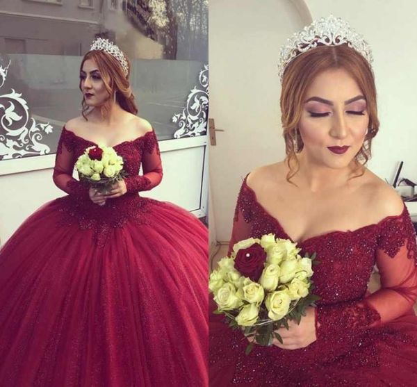 

бордовый бальное платье quinceanera платья с плеча с длинными рукавами плюс размер сладкий 16 кружева аппликации длинные тюль пухлые вечерни, Blue;red