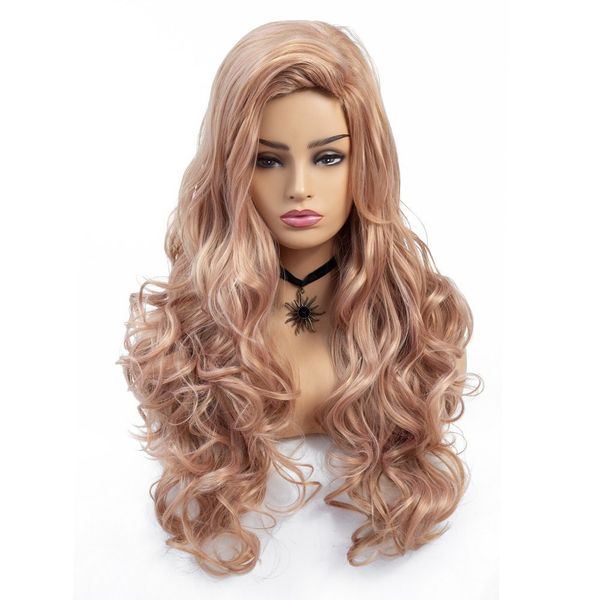 Lange gewellte synthetische Perücke für Frauen, roségoldfarbene Perücken, 55,9 cm, Hochtemperaturfaser, leimloses, gewelltes Cosplay-Haar