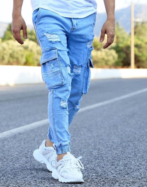 

blue stoned cargo pockets street style denim jean
