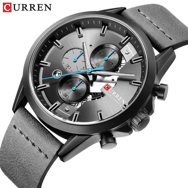 

curren 2019 men's sports watch chronograph waterproof leather strap watches fashion quartz wristwatch business calendar clock, Slivery;brown