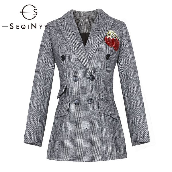 

seqinyy grey plaid jacket 2020 autumn winter new fashion design long sleeve women sequins cherry appliques slim blazer, White;black