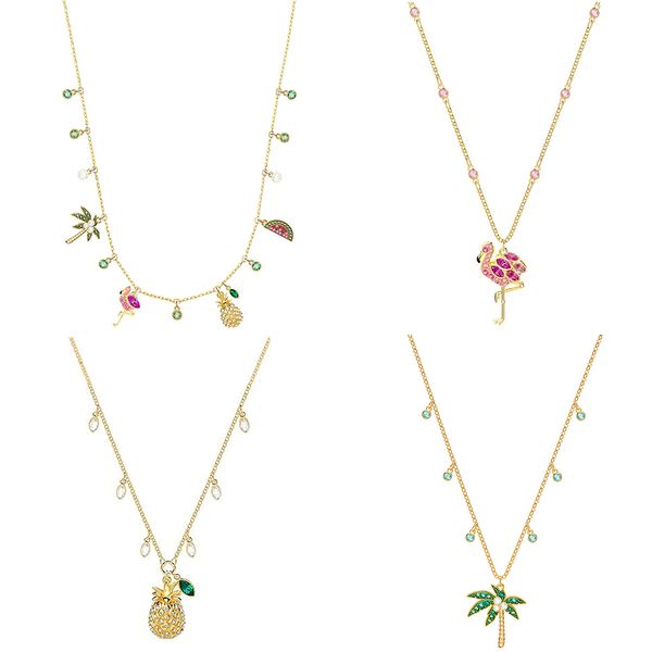 

fahmi lime charms tropical style watermelon palm tree pineapple clavicle chain trend flamingo pendant necklace jewelry gold plated, Black