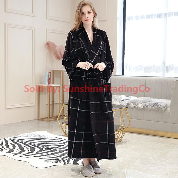 2020 Men Winter Plaid Plus Size Long Coral Fleece Bathrobe 40 130KG