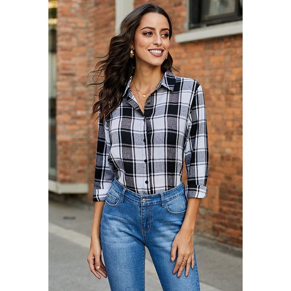 

ins plaid shirt womens autumn new european and american-style suit collar single-breasted long-sleeved loose-fit shirt foreign trade sale, White