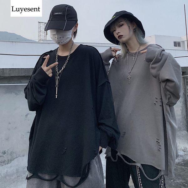 

plus size black gray cool punk sweatshirt 2019 woman man oversize slit hole rock sweatshirts autumn ulzzang broken top