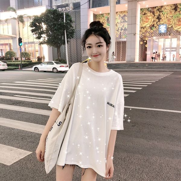 

2019 лето стиля академии рыхлый тонкий блестящий средней длиной с короткими рукавами женщины 2019 летом футболка топ академия стиля свободно, White