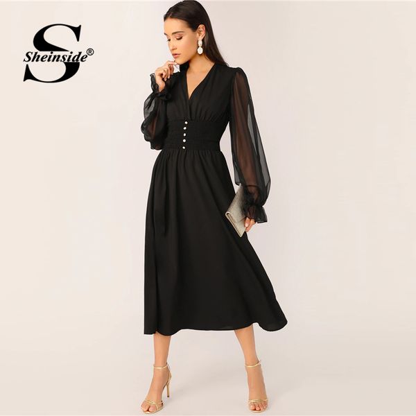 

sheinside elegant v neck button detail dress women 2019 spring mesh lantern sleeve patchwork dresses ladies solid a line dress, Black;pink