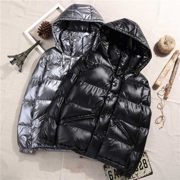 

winter glossy short down jacket men thick warm ultralight 90% white duck down coat male hooded mens clothing casual outwear, Black