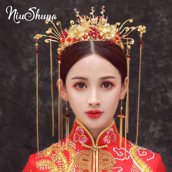 

niushuya oriental chinese wedding bridal crown vintage red bead hair accessories jewelry gold long tassel pageant crowns tiaras, Golden;white
