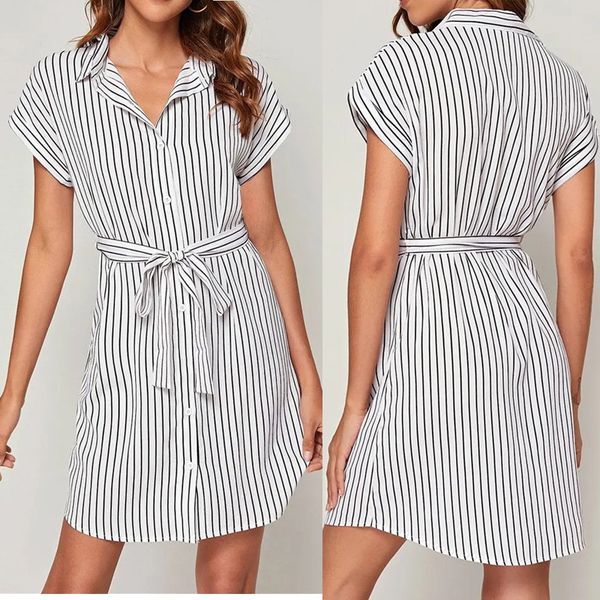 

трансграничная независимая станция 2020 летнего отдых полоса галстука джемпер с коротким рукавом женского отворот a-линия юбка платье, Black;gray