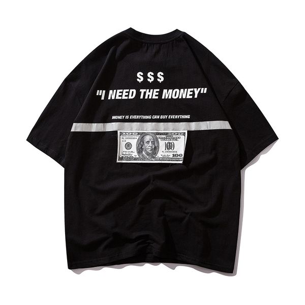 

men's t-shirts european and american high street hip-hop shirts 3m reflective loose printing dollars t-shirt 3 colors oversize s-3xl, White;black