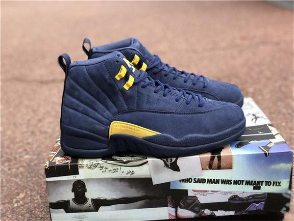 

michigan 12 12s mens basketball shoes michigan blue xii outdoor sports shoes with original box size us7-13, White;red
