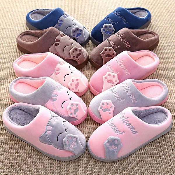 

home slippers cartoon cat non-slip indoors winter warming flock fluff cute cat women bedroom floor female shoes casual flats t16, Black