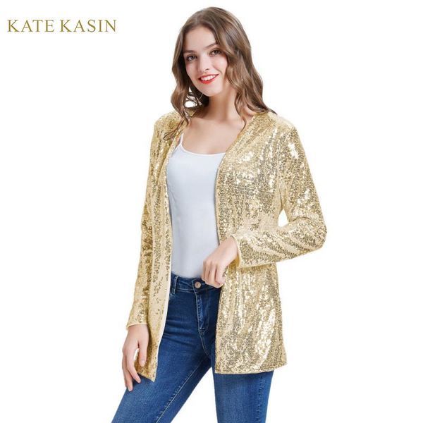 

kate kasin women sparkle sequin coat jacket stunning open front long sleeve cardigan outwear fashion sequins streetwear kc000075, Black;brown
