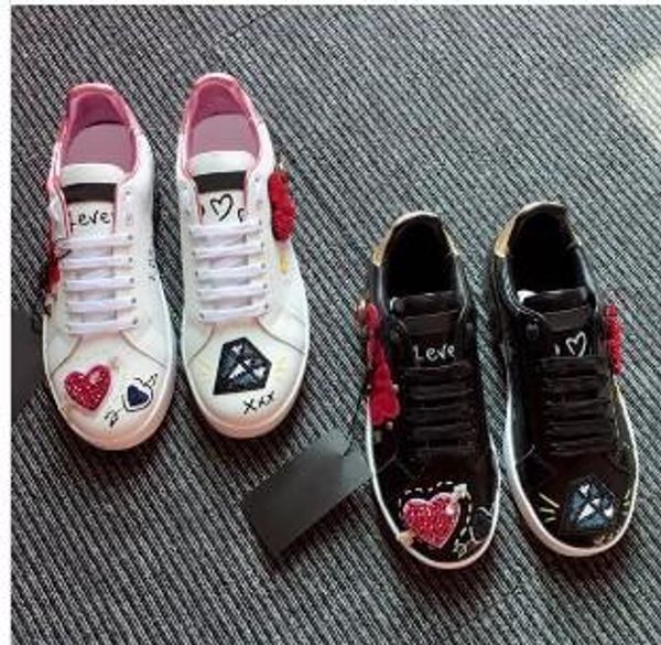 

new leather flats designer sneakers women classic casual luxury franch brand shoes diamond love embroidery walking runnig durable bn01, Black