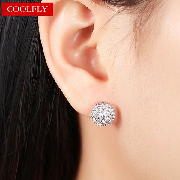 

luxury round full zirconia 925 sterling silver stud earrings for women 2018 new fashion jewelry wedding gifts bijoux, Golden;silver