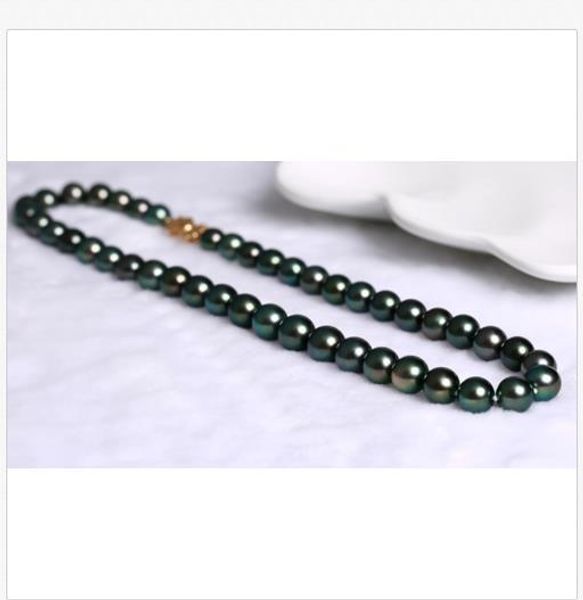 

stunning 10-11mm tahitian round black green pear necklace 18inch, Silver