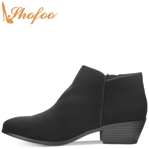 

black med chunky heels ankle boots woman almond toe flock zipper booties large size 13 16 ladies fashion mature shoes shofoo