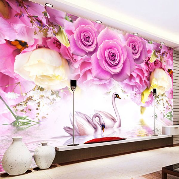 Foto Wallpaper Modern Purple Rose Swan Fashion Fashion 3D Stick Murale Soggiorno Camera da letto Decor Decorazione Della Decorazione Della Beneficio Papel de Parede 3D Sala