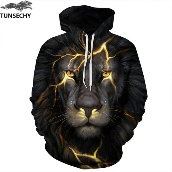 

tunsechy new fashion hoodies sweatshirts men/women 3d sweatshirts print golden lion hooded hoody tracksuits, Black
