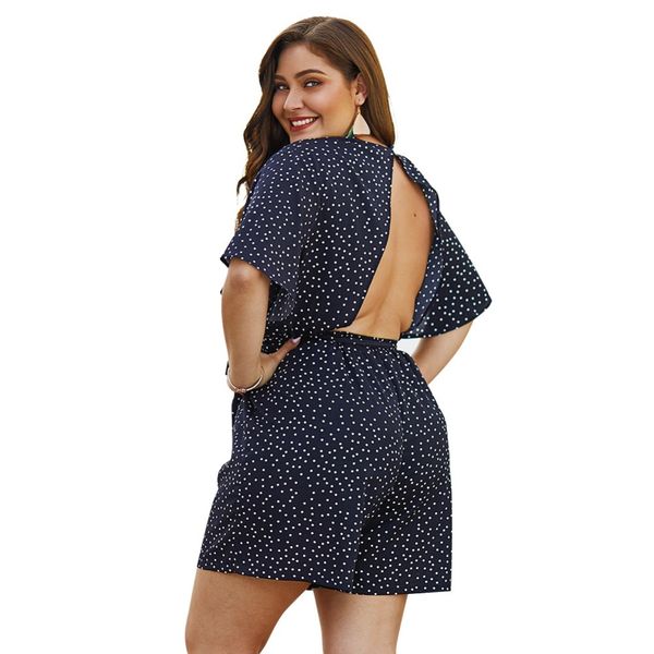 

whzhm backless dot bodysuit female rompers plus size 3xl 4xl women playsuits loose lace patchwork sashes bodysuits femme, Black;white