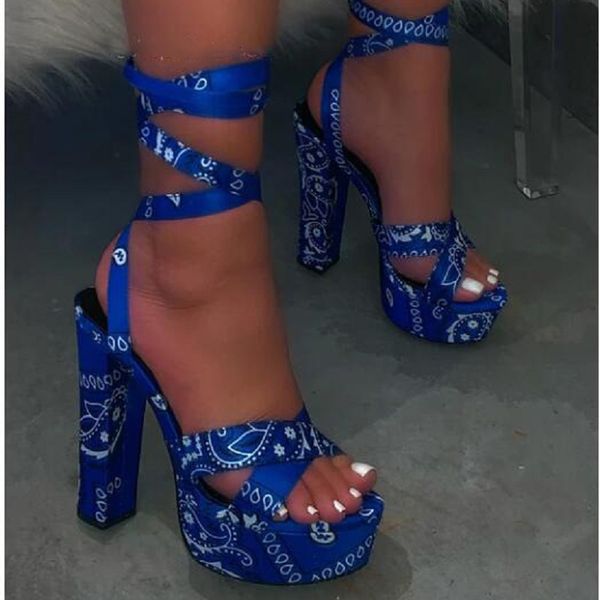 

summer platform women sandals gladiator block high heels lace up open toe ladies shoes print cross strappy roman sandals, Black