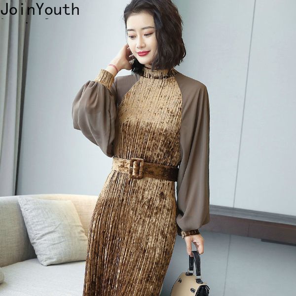 

joinyouth new 2019 women dress fashion stand neck belt slim vestidos chiffon lantern sleeve patchwork gold velvet dresses 56688, Black;gray