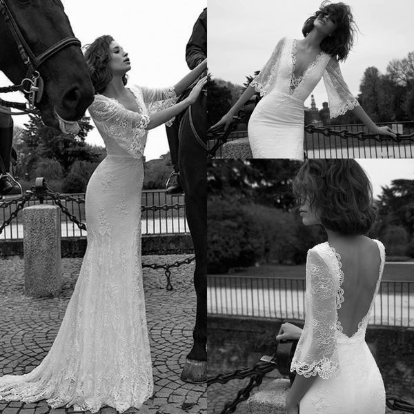 

liz martinez 2019 elegant lace mermaid wedding dresses with mandarin sleeves backless garden custom made bridal gowns, White