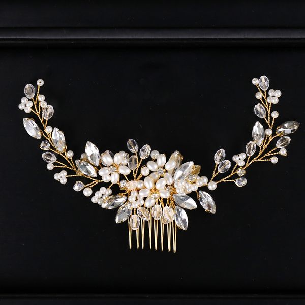 

trendy gold pearl crystal bridal hair comb hair accessories wedding bridal headpiece ornaments bride women jewelry, Golden;white