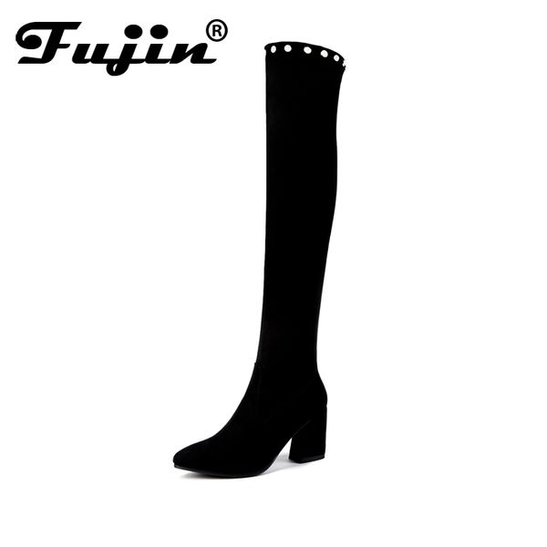 

fujin 2018 over the knee boots winter round toe warm women boots high heel lady flock fashion big size 35-40, Black