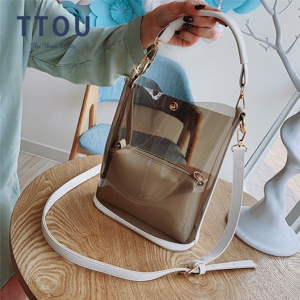 

ttou fashion women handbags panelled pu leather totes bag transparent crossbody shoulder bag casual composite bolsa feminina