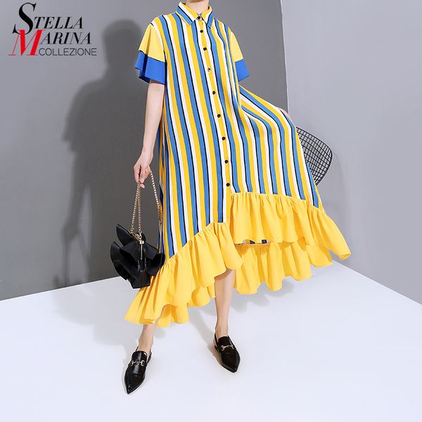 

new 2020 women summer fashion yellow long dress vertical stripes printed ruffles hem ladies elegant straight dress vestidos 6119, Black;gray