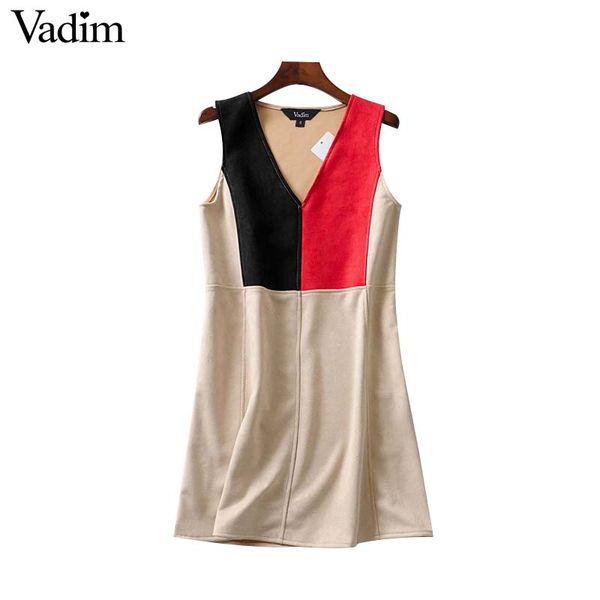 

vadim women vintage patchwork v neck mini dress sleeveless office wear summer a line dresses vestidos qc049, Black;gray