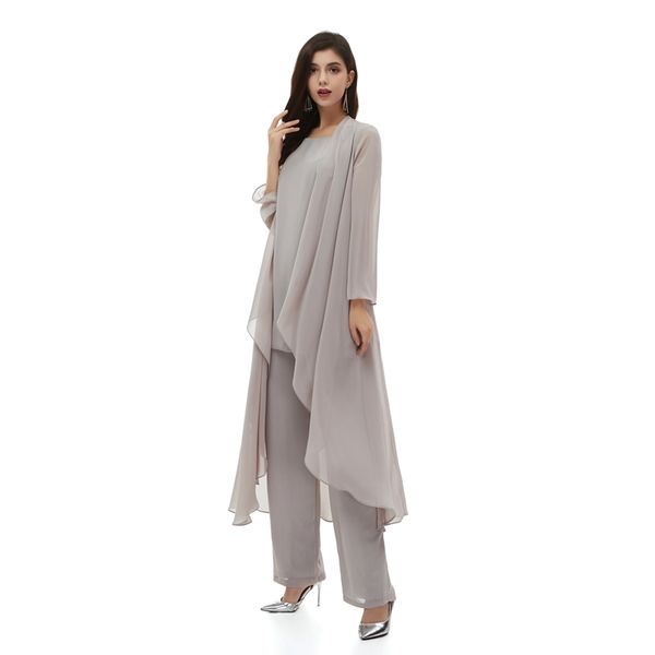 2019 New Arrival Chiffon Gray Mother Of The Bride Pant Suits Long