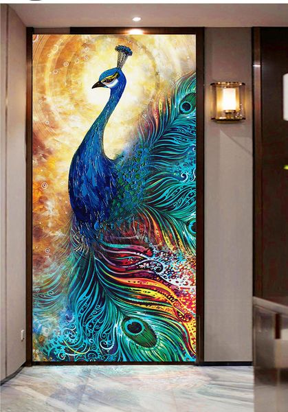 

2019 3d wallpaper high-end peacock hand-painted oil painting porch background indoor porch background wall decoration wall paper