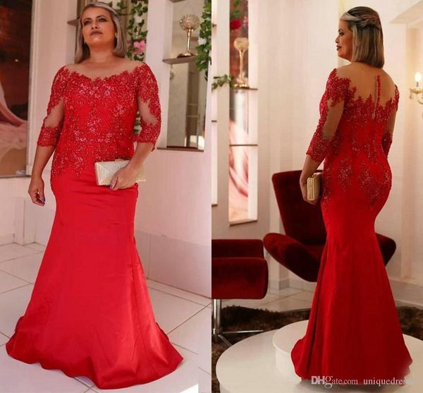 Elegante rote Meerjungfrau-Abendkleider in Übergröße, 3/4-Ärmel, Bateau-Ausschnitt, Spitze, Perlenapplikation, Kleid für besondere Anlässe, Abschlussballkleid, formelles Kleid