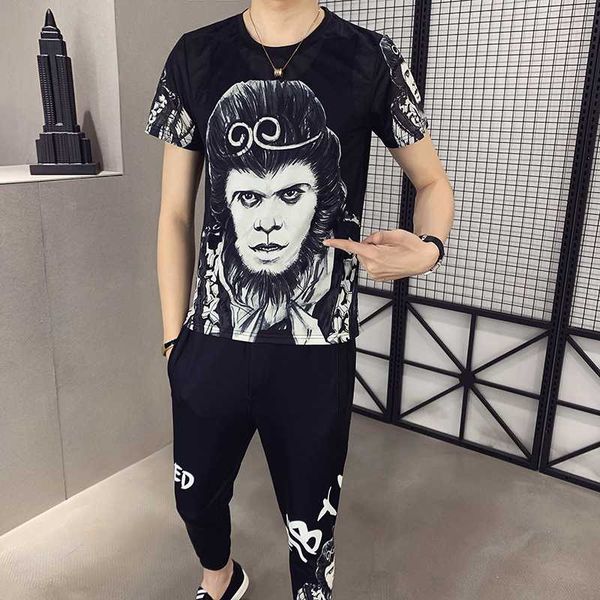 

two piece set men slim fit outfits fashion t-shirt men's moda hombre 2020 ropa chemise homme manche court printing short sleeve, Gray