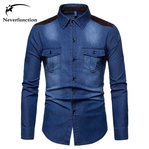 

men's slim fit denim shirts fashion autumn long-sleeved casual wash blue cargo jeans shirts cotton homme chemise, White;black