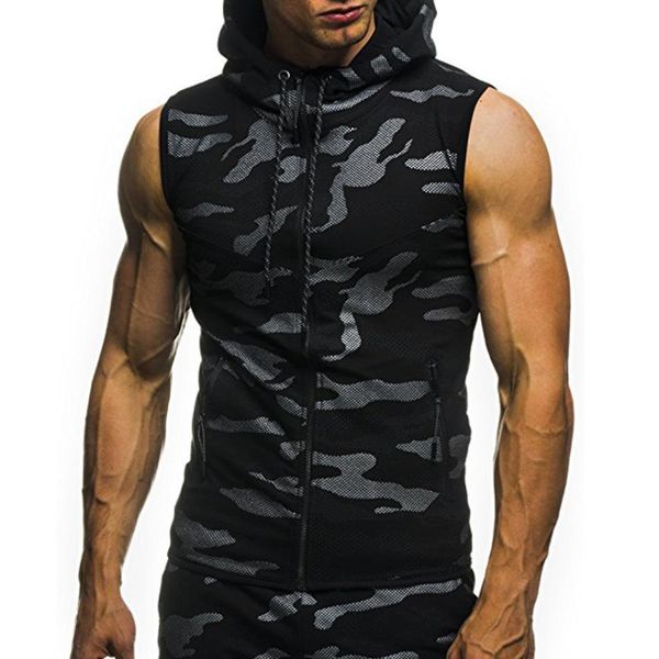 

Tshirt Men's Shirt Vest Zipper Summer Casual Camouflage Print Tops Hooded Sleeveless T-shirt Top Blouse For Male Drop Shipping