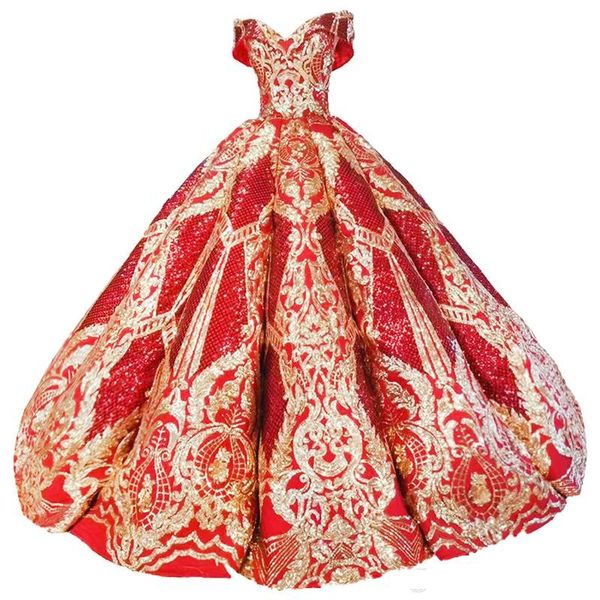 

2019 luxury floor length queen prom dresses red curve shape ball gown gold lace applique swollen evening party dresses dubai, Black;red