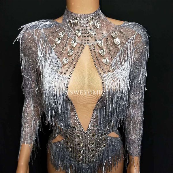 

flashing grey rhinestones tassel spandex bodysuit women's birthday party evening costume stage outfit nightclub dance costume, Black;red