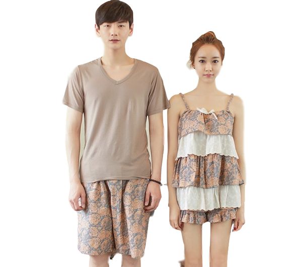 

couple pajamas sets cascade cake nightgowns sleep set deep v-neck spaghetti strap shorts homewear women pajama sets, Blue;gray