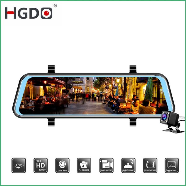 

hgdo night vision dash cam rearview mirror 10 inch touch screen car dvr camera video recorder full hd 1080p dvrs dual lens cam