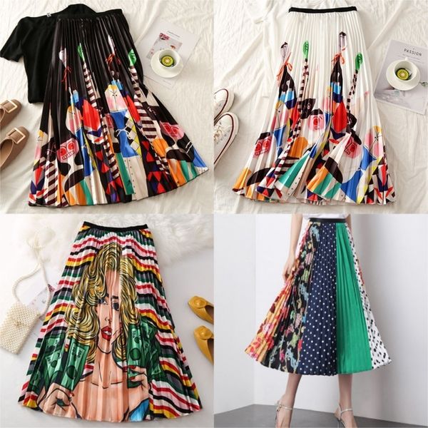 

2019 summer women long pleated skirt plus size cartoon print white black pleated skirt elastic casual high waist skirt