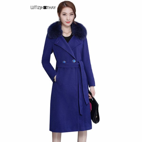 

new autumn winter women big fur collar long woolen coat fashion medium-long hooded coat casual female loose outerwear, Black