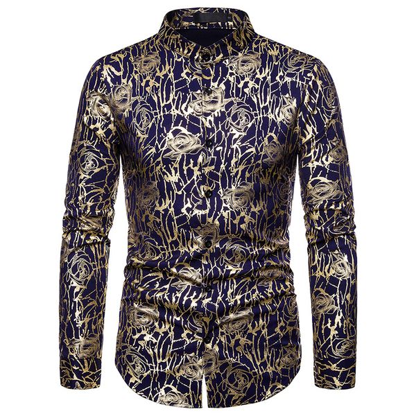 

men's gold floral shirts slim fit long sleeve dress shirt men casual button down shirts party wedding shirt male chemise homme, White;black