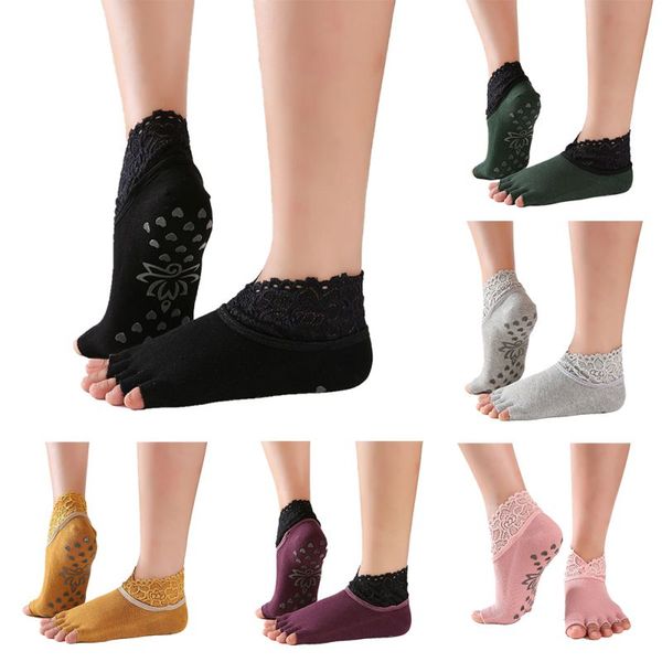 

1 pair yoga five toe anti-slip socks dots pilates fitness gym socks ladies sports ankle with lace, Black