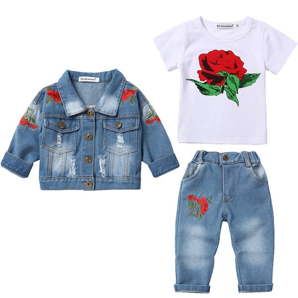 

fashion baby girls clothing sets baby girl sets cotton floral girl 3 pcs suit sets flower denim coats/outerwears +shirts+jeans, White