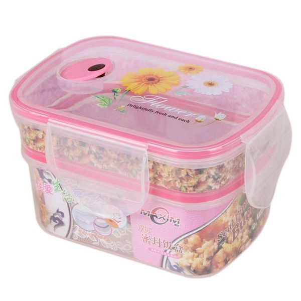 

large lunch box double layers durable sealing lattice simple square preservation box for office pink blue